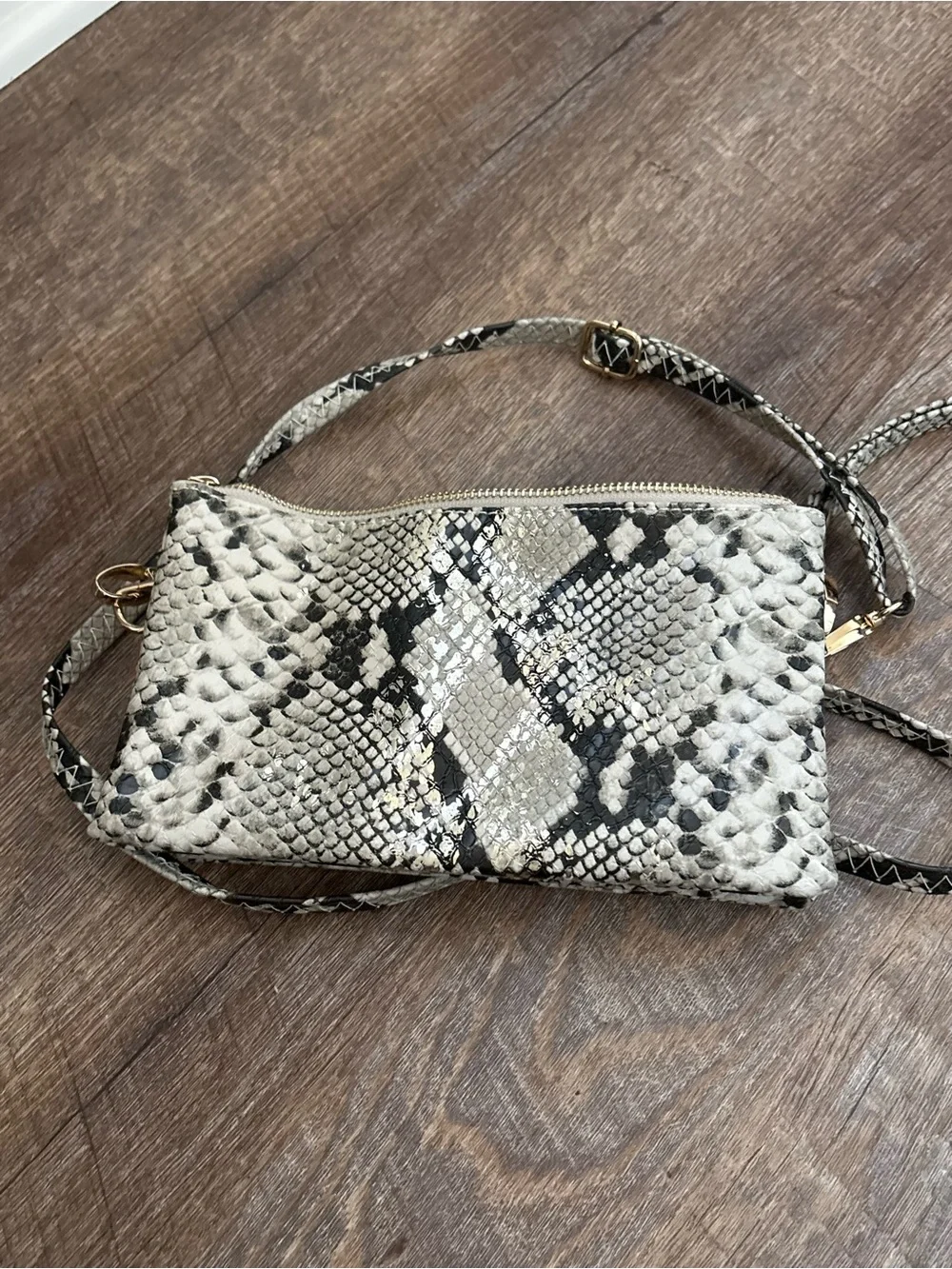 Python-Print Crossbody Wristlet in Black and Cream